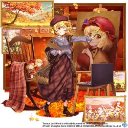 Rule 34 | 1girl, aki minoriko, aki shizuha, aki shizuha (melancholy autumn-leaf artist in winter), alternate costume, autumn leaves, beret, brown hat, brown skirt, chair, commentary, copyright name, copyright notice, english commentary, full body, game cg, grey vest, hat, holding, holding paintbrush, indoors, jewelry, long skirt, looking at viewer, paintbrush, painting (object), pendant, plaid, plaid skirt, rotte (1109), skirt, solo, standing, sweater vest, third-party source, touhou, touhou lostword, vest