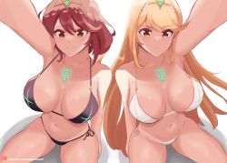 Rule 34 | 2girls, absurdres, arm up, armpit crease, bare shoulders, bikini, black bikini, blonde hair, breasts, breasts apart, chest jewel, cosplay, dangle earrings, dayman, daymandraws, earrings, gem, hair ornament, headpiece, highres, jewelry, large breasts, long hair, multiple girls, mythra (xenoblade), navel, necklace, pyra (xenoblade), red eyes, red hair, selfie, short hair, shorts, side-tie bikini bottom, single earring, smile, solo, stoic seraphim, swept bangs, swimsuit, tiara, twitter username, very long hair, white background, white bikini, xenoblade chronicles (series), xenoblade chronicles 2, yellow eyes