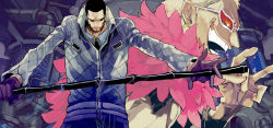 Rule 34 | 2boys, bamboo, black hair, blonde hair, donquixote doflamingo, donquixote pirates, earrings, facial hair, feathers, gloves, jacket, jewelry, laboratory, male focus, military, military vehicle, motor vehicle, multiple boys, natsume (ntm 62), one piece, punk hazard, quilted, quilted jacket, short hair, staff, string, sunglasses, tank, vergo