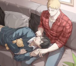 Rule 34 | 2boys, bertolt hoover, black hair, blonde hair, blush, collared shirt, couch, couple, cute potato (cute potato ner), denim, doll, highres, holding, holding doll, holding hands, jeans, lap pillow, large pectorals, male focus, multiple boys, official alternate costume, on couch, pants, pectorals, red shirt, reiner braun, shingeki no kyojin, shirt, short hair, smile, stuffed animal, stuffed toy, teddy bear, toned, toned male, yaoi