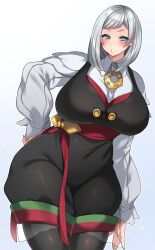 Rule 34 | 1girl, absurdres, akershus fortress (oshiro project), aqua eyes, black dress, black pantyhose, blush, breasts, collared shirt, cowboy shot, dress, eryu kamemura, glint, grey hair, hand on own hip, highres, huge breasts, long sleeves, looking at viewer, oshiro project:re, pantyhose, puffy long sleeves, puffy sleeves, red ribbon, ribbon, shirt, sleeveless, sleeveless dress, solo, swept bangs, thick lips, thick thighs, thighs, white shirt