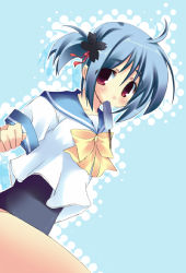 Rule 34 | 1girl, blue hair, mouth hold, one-piece swimsuit, original, popsicle, red eyes, school swimsuit, school uniform, serafuku, short hair, solo, swimsuit, swimsuit under clothes, twintails, yuuki tsubasa