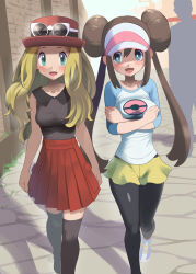 Rule 34 | 1boy, 2girls, :d, absurdres, black pantyhose, blonde hair, blush, breasts, brown hair, collarbone, collared shirt, commentary request, commission, covering breasts, covering privates, creatures (company), day, double bun, eyelashes, eyewear on headwear, game freak, green eyes, hair between eyes, hair bun, hat, highres, long hair, medium breasts, multiple girls, nintendo, open mouth, outdoors, pantyhose, pantyhose under shorts, partial commentary, pixiv commission, pleated skirt, pokemon, pokemon bw2, pokemon xy, raglan sleeves, red headwear, red skirt, rosa (pokemon), serena (pokemon), shirt, shorts, sidelocks, skirt, sleeveless, sleeveless shirt, smile, standing, sunglasses, thighhighs, twintails, uhyoko, visor cap, white-framed eyewear, white headwear, yellow shorts