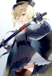 Rule 34 | 1girl, ;d, absurdres, blonde hair, blue eyes, brown thighhighs, cowboy shot, dress, gloves, hana mori, hat, highres, holding, holding sheath, holding sword, holding weapon, hololive, jacket, katana, kazama iroha, long sleeves, looking at viewer, one eye closed, open clothes, open jacket, open mouth, ponytail, puffy long sleeves, puffy sleeves, scan, sheath, smile, solo, standing, sword, thighhighs, unsheathing, virtual youtuber, weapon