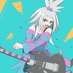 Rule 34 | !, bad id, bad instagram id, bass guitar, blue background, blue eyes, creatures (company), dress, forehead, freckles, game freak, guitar, gym leader, hair bobbles, hair ornament, instagram, instrument, long sleeves, looking at viewer, nintendo, pokemon, roxie (pokemon), short hair, smile, solo, striped clothes, striped dress, teeth, upper teeth only, white hair, yuyu0528uri