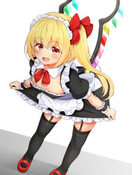 Rule 34 | 1girl, alternate costume, apron, black dress, blonde hair, blush, bow, bowtie, breasts, commentary request, crystal, daichi (tokoya), dress, dutch angle, enmaided, fang, feet out of frame, flandre scarlet, frilled apron, frills, garter straps, grey background, hair between eyes, hair ribbon, highres, leaning forward, long hair, looking at viewer, maid, maid apron, mary janes, nipple slip, nipples, no headwear, one side up, open mouth, petticoat, puffy sleeves, red bow, red bowtie, red eyes, red footwear, red ribbon, ribbon, shadow, shoes, short dress, sidelocks, skin fang, small breasts, solo, standing, thighhighs, thighs, touhou, two-tone background, waist apron, white apron, white background, wings, wrist cuffs, zettai ryouiki