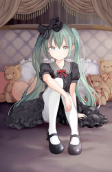 Rule 34 | 1girl, aqua eyes, aqua hair, bed, black dress, black ribbon, collarbone, collared dress, commentary, curtains, dress, expressionless, frilled dress, frills, full body, gothic lolita, hair ribbon, hatsune miku, highres, kari kenji, knees up, lolita fashion, long hair, looking at viewer, mary janes, neck ribbon, pantyhose, pillow, red ribbon, ribbon, shoes, sitting, solo, stuffed animal, stuffed toy, teddy bear, twintails, very long hair, vocaloid, white pantyhose