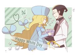 Rule 34 | 1boy, 1girl, alternate color, black gloves, black hair, blonde hair, blue dress, blue headwear, bouquet, bow, bowtie, caitlin (pokemon), closed eyes, creatures (company), cropped torso, darach (pokemon), dress, flower, from side, game freak, glasses, gloves, heart, heart of string, holding, holding bouquet, kodama pokepoke, long hair, multicolored hair, nintendo, pokemon, pokemon masters ex, see-through cape, two-tone hair, very long hair, white day