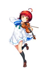 Rule 34 | 1girl, ahoge, black socks, blue sailor collar, bow, breasts, closed mouth, dress, green bow, head tilt, highres, holding instrument, holding violin, instrument, irodorimidori, kneehighs, leg up, loafers, long sleeves, looking at viewer, music, official art, playing instrument, red hair, sailor collar, sailor dress, shoes, short hair, sleeves past fingers, sleeves past wrists, small breasts, smile, socks, solo, transparent background, tsukisuzu nachi, violin, yellow eyes