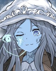 Rule 34 | 1girl, :3, absurdres, blue eyes, blue skin, bright pupils, cloak, closed mouth, colored skin, cracked skin, doyagao, elden ring, extra faces, fur cloak, grey hair, hat, highres, long hair, looking at viewer, one eye closed, portrait, ranni the witch, smile, smug, solo, tavi (hosheezus), white pupils, witch hat