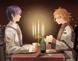 Rule 34 | 2boys, absurdres, alear (fire emblem), alear (male) (fire emblem), blue hair, bottle, braid, candle, candlestand, closed eyes, cup, earrings, fire emblem, fire emblem engage, highres, holding, holding cup, jewelry, long sleeves, looking at another, male focus, multicolored hair, multiple boys, nintendo, omlililimo, orange hair, pandreo (fire emblem), praying, short hair, wine bottle