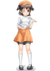 Rule 34 | 1girl, ;p, akagi miria, apron, black footwear, black hair, black skirt, blush, bowl, brown apron, brown eyes, brown hat, cabbie hat, chef, cinderella girls gekijou, closed mouth, cream, cream on face, fingernails, food, food on face, full body, hair between eyes, hat, highres, holding, holding bowl, holding whisk, idolmaster, idolmaster cinderella girls, idolmaster cinderella girls starlight stage, kneehighs, long sleeves, mary janes, mixing bowl, one eye closed, regular mow, shadow, shirt, shoes, skirt, smile, socks, solo, standing, tongue, tongue out, two side up, waist apron, whisk, white background, white shirt, white socks