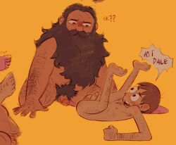Rule 34 | 2boys, armpit stubble, bara, beard, beard over mouth, blush, body fur, brown hair, chilchuck tims, completely nude, couple, dungeon meshi, dwarf, facial hair, fake horns, fat, fat man, frown, hairy, helmet, horned helmet, horns, kneeling, long beard, lying, male focus, multiple boys, mustache, nude, on back, penis, presenting, reaipepsiman, senshi (dungeon meshi), shy, thick chest hair, thick leg hair, thick mustache, thick navel hair, uncensored, very hairy, very long beard, yaoi, yellow background