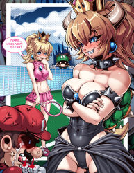 Rule 34 | 2boys, 2girls, anger vein, angry, armlet, bare hips, blood, blouse, blue gemstone, blue overalls, blush, bowsette, bracelet, breasts, cabbie hat, cleavage, cloud, covered erect nipples, covered navel, crossed arms, crown, crying, day, english text, eyelashes, facial hair, forked eyebrows, gem, halftone, hat, highleg, highleg leotard, highres, horns, implied yuri, jealous, jewelry, karosu maker, koopa, large breasts, leotard, luigi, mario, mario (series), mario tennis, mario tennis aces, microskirt, midriff, multiple boys, multiple girls, mustache, navel, new super mario bros. u deluxe, nintendo, nose, nosebleed, overalls, pleated skirt, ponytail, princess peach, red hat, red shirt, shaded face, sharp teeth, shirt, showgirl skirt, skin tight, skirt, sky, smile, sparkling eyes, spiked armlet, spiked bracelet, spikes, standing, super crown, teeth, tennis, tennis peach, text focus, thick eyebrows, thighhighs