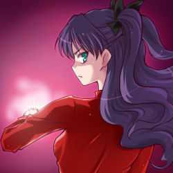 Rule 34 | 00s, 1girl, black hair, fate/stay night, fate (series), female focus, from behind, green eyes, hair ribbon, hairu, long hair, looking back, lowres, profile, ribbon, solo, tohsaka rin, turtleneck