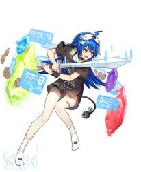Rule 34 | 1girl, :d, ahoge, ark order, bandaid, bandaid on leg, bili girl 22, bilibili, black shirt, blue hair, bra strap, cable, cable tail, coin, cosplay, electric plug, eye mask, fighting stance, full body, gem, goblin (ark order), goblin (ark order) (cosplay), holding, holding sword, holding weapon, hologram, k suke, long hair, looking to the side, mechanical tail, no shoes, official art, open mouth, oversized clothes, oversized shirt, red eyes, shirt, short sleeves, sidelocks, smile, socks, solo, standing, standing on one leg, sword, t-shirt, tachi-e, tail, transparent background, weapon, white socks, wristband