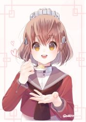 Rule 34 | 1girl, brown eyes, brown hair, brown neckerchief, commentary request, dress, dumpling, food, grey sailor collar, hair ornament, hairclip, headgear, highres, kantai collection, looking at viewer, megu usagi, neckerchief, open mouth, red shirt, round teeth, sailor collar, sailor shirt, shirt, short hair, smile, solo, tan yang (kancolle), teeth, twitter username, upper teeth only, white background, white dress, yukikaze (kancolle)