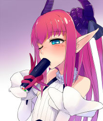 Rule 34 | 10s, 1girl, bad id, bad pixiv id, bare shoulders, blue eyes, blush, detached sleeves, elizabeth bathory (fate), elizabeth bathory (fate/extra ccc), elizabeth bathory (second ascension) (fate), fate/extra, fate/extra ccc, fate (series), flat chest, gloves, highres, horns, one eye closed, pink hair, pointy ears, saliva, sexually suggestive, solo, sunga2usagi