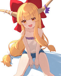 Rule 34 | 1girl, absurdres, blue ribbon, blue shorts, blush, bow, collarbone, eyebrows hidden by hair, fang, feet out of frame, fingernails, hair bow, highres, horn ornament, horn ribbon, horns, ibuki suika, long hair, looking at viewer, oeyama, oni horns, open mouth, orange eyes, orange hair, red bow, ribbon, short shorts, shorts, simple background, skin fang, smile, solo, touhou, white background