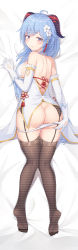 Rule 34 | 1girl, absurdres, ass, back, bare shoulders, blue hair, breasts, brown thighhighs, china dress, chinese clothes, dakimakura (medium), dress, elbow gloves, frown, ganyu (genshin impact), garter belt, genshin impact, gloves, gold trim, highres, large breasts, long hair, looking at viewer, lying, no shoes, on back, on stomach, panties, panty pull, parted lips, purple eyes, shoulder blades, sleeveless, sleeveless dress, solo, string panties, thighhighs, underwear, white dress, white gloves, white panties, yansuiyuluo