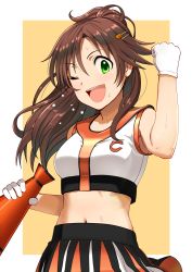 Rule 34 | 10s, 1girl, bare shoulders, blush, brown hair, commentary request, crop top, gloves, green eyes, hair ornament, hairclip, himekawa yuki, idolmaster, idolmaster cinderella girls, long hair, looking at viewer, megaphone, navel, one eye closed, open mouth, pettan p, skirt, smile, solo, sweat, white gloves