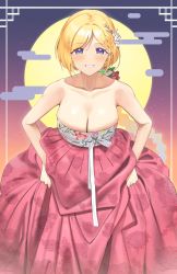 Rule 34 | 1girl, absurdres, aki rosenthal, alternate costume, alternate hairstyle, bare arms, bare shoulders, blonde hair, blush, bob cut, braid, breasts, cleavage, commentary request, detached hair, egasumi, floral print, flower, full moon, hair flower, hair ornament, highres, hololive, korean clothes, large breasts, long hair, looking at viewer, moon, parted bangs, purple eyes, rose print, short hair, skirt, smile, solo, twin (tt lsh), virtual youtuber, white flower