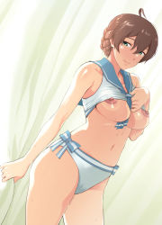 Rule 34 | 1girl, ahoge, bare arms, bare shoulders, between breasts, bikini, bikini top lift, blue neckerchief, blue sailor collar, braid, breasts, breasts out, brown hair, closed mouth, clothes lift, cowboy shot, curtains, dutch angle, green eyes, hair between eyes, hand up, highres, humiyou, idolmaster, idolmaster million live!, idolmaster million live! theater days, indoors, lifting own clothes, light smile, looking at viewer, looking to the side, lying, medium breasts, navel, neckerchief, neckwear between breasts, nipples, on back, perky breasts, sailor bikini, sailor collar, sailor swimsuit (idolmaster), sakuramori kaori, short hair, side-tie bikini bottom, solo, standing, stomach, striped bikini, striped clothes, sweat, swimsuit, white bikini