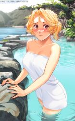 Rule 34 | 1girl, blonde hair, blush, breasts, brown eyes, closed mouth, day, highres, large breasts, lips, mleth, naked towel, nervous smile, nose blush, onsen, original, outdoors, paid reward available, short hair, smile, solo, stina (mleth), towel, wading, water