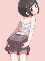 Rule 34 | 1girl, ass, black eyes, black hair, bow, camisole, child, from behind, grey skirt, hair bow, hands on own ass, highres, leaning forward, looking back, original, piko (pixiv), pink background, ribbon, short hair, simple background, skirt, solo, thighs, white camisole