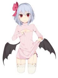 Rule 34 | &gt;:), 1girl, alternate costume, bad id, bad pixiv id, bat wings, blue hair, blush, bow, breasts, cleavage, clothes lift, cowboy shot, female focus, garter straps, hair bow, highres, meme attire, no headwear, no headwear, no pants, open-chest sweater, panties, purple panties, red eyes, remilia scarlet, ribbed sweater, shirt lift, short hair, side-tie panties, simple background, small breasts, smile, solo, sweater, thighhighs, touhou, underwear, v-shaped eyebrows, white background, wings, yuunagi (yuuna001)