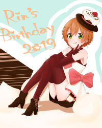 Rule 34 | 1girl, :p, artist name, artist request, bare shoulders, black footwear, black gloves, black legwear, black shorts, boots, bow, earrings, female focus, full body, gloves, hair between eyes, hat, heart, heart earrings, hoshizora rin, jewelry, looking at viewer, love live!, love live! school idol project, orange hair, p5n7oyd1nf1, pink bow, red legwear, shirt, short hair, shorts, sitting, solo, tongue, tongue out, white shirt, yellow eyes