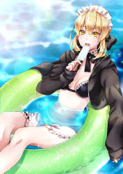 Rule 34 | 1girl, alternate costume, artoria pendragon (all), artoria pendragon (alter swimsuit rider) (fate), artoria pendragon (alter swimsuit rider) (second ascension) (fate), artoria pendragon (fate), bikini, black ribbon, blonde hair, breasts, choker, cleavage, enmaided, fate/grand order, fate (series), food, frilled bikini, frills, highres, innertube, lace, lace-trimmed bikini, lace choker, lace trim, licking, maid, maid headdress, medium breasts, neck ribbon, popsicle, ribbon, saber (fate), saber alter, sleeves past wrists, slit pupils, sweat, swim ring, swimsuit, water, yellow eyes