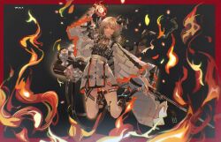 Rule 34 | 1girl, arknights, belt, belt buckle, black belt, black choker, black footwear, black shirt, blonde hair, border, buckle, buzhidaojiaoshenmekoua, chinese commentary, choker, commentary request, demon horns, demon tail, fire, flamethrower, full body, glowing, glowing eyes, grin, highres, holding, holding weapon, horns, ifrit (arknights), infection monitor (arknights), looking at viewer, low twintails, material growth, medium hair, nail polish, orange eyes, oripathy lesion (arknights), pyrokinesis, red border, red nails, sandals, shirt, short twintails, skirt, smile, solo, tail, toenail polish, toenails, twintails, weapon, white skirt, white sleeves