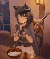 Rule 34 | 1girl, 1other, animal ears, black corset, black gloves, black hair, blush, bowl, candlelight, cat ears, cat girl, cat tail, closed eyes, corset, curry, curry rice, eating, flat chest, food, fork, fosqie, fran (tensei shitara ken deshita), gloves, grey cloak, hair between eyes, highres, holding, holding fork, partially fingerless gloves, plant, potted plant, rice, shishou (tensei shitara ken deshita), sitting, skirt, sword, tail, tensei shitara ken deshita, upper body, wall lamp, weapon, weapon on back, white skirt, window