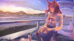 Rule 34 | 1boy, 3girls, animal ears, beach, belt, binoculars, black belt, blue bow, blue eyes, blush, bow, bowtie, braid, breasts, brown hair, character request, city lights, cleavage, commentary request, crazy straw, drinking straw, feet out of frame, hair between eyes, hair bow, heart straw, highres, horizon, horse ears, horse girl, horse tail, jewelry, large breasts, long hair, looking at viewer, mountainous horizon, multiple girls, necklace, ocean, open mouth, outdoors, people, pink bow, pink bowtie, reihou19, shirt, signature, solo focus, star (symbol), star necklace, sunset, super creek (umamusume), tail, umamusume, umbrella, water, white shirt