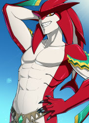 Rule 34 | 1boy, abs, arm up, blue sky, day, fins, fish boy, looking at viewer, male focus, monster boy, muscular, mx. moz, nintendo, sharp teeth, sidon, sky, smile, solo, stomach, sunlight, teeth, the legend of zelda, the legend of zelda: breath of the wild, yellow eyes, zora