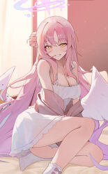 Rule 34 | 1girl, absurdres, angel wings, ass, bburi, blue archive, breasts, camisole, cleavage, feathered wings, grin, hair bun, halo, highres, large breasts, long hair, long sleeves, looking at viewer, mika (blue archive), pink hair, pink halo, single side bun, smile, socks, solo, white camisole, white socks, white wings, wings, yellow eyes