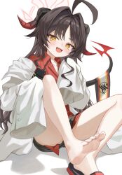Rule 34 | 1girl, ahoge, ass, barefoot, black hair, black horns, black shorts, black tail, blue archive, blush, coat, collared shirt, demon horns, fang, feet, halo, heunggugi, highres, horns, kasumi (blue archive), lab coat, long hair, looking at viewer, open mouth, red halo, red shirt, shirt, shirt tucked in, shorts, simple background, skin fang, sleeves past fingers, sleeves past wrists, smile, soles, solo, toes, walkie-talkie, white background, white coat, yellow eyes