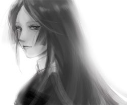 Rule 34 | 1girl, chikuwa (dr0603), closed mouth, eyelashes, from behind, greyscale, hime cut, light smile, lips, long hair, looking at viewer, looking back, messy hair, monochrome, portrait, sidelocks, simple background, solo, straight hair, tsukimi ren, world trigger