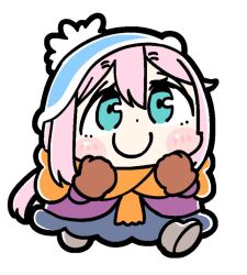 1girl beanie bkub blue_dress blue_eyes blush_stickers brown_gloves chibi chibi_only closed_mouth commentary dress full_body gloves grey_boots hair_between_eyes hands_up hat jacket kagamihara_nadeshiko long_hair orange_scarf pink_hair pom_pom_(clothes) pom_pom_beanie purple_jacket scarf simple_background smile solo walking white_background yurucamp