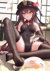 Rule 34 | 1girl, :p, bae.c, black hat, black nails, black thighhighs, blush, brown hair, chinese clothes, flower, genshin impact, ghost, hair between eyes, hat, hat flower, highres, hu tao (genshin impact), jewelry, long hair, looking at viewer, nail polish, no shoes, red eyes, ring, smile, solo, symbol-shaped pupils, thighhighs, toes, tongue, tongue out, twintails, very long hair