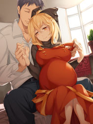 Rule 34 | 1boy, 1girl, asutora, belt, black bow, black hair, blonde hair, bow, breasts, buttons, closed eyes, collared shirt, commentary, dress, dress shirt, hair bow, hetero, highres, holding hands, husband and wife, indoors, jewelry, kurodani yamame, large breasts, long sleeves, on bed, orange dress, orange eyes, pants, plant, potted plant, pregnant, ring, shirt, sitting, smile, strap pull, touhou, wedding band, white shirt, wing collar