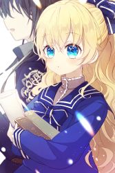 Rule 34 | 1boy, 1girl, athanasia de alger obelia, black hair, black jacket, blonde hair, blue bow, blue eyes, blue jacket, blue sailor collar, blush, book, bow, brown shirt, character request, closed mouth, commentary request, eoneu nal gongjuga doeeobeoryeotda, faceless, faceless male, frilled shirt, frills, hair between eyes, hair bow, hugging object, jacket, long hair, long sleeves, looking at viewer, ponytail, sailor collar, shirt, sleeves past wrists, striped, striped bow, very long hair, white background, yuizayomiya