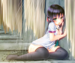 Rule 34 | 1girl, black hair, braid, breasts, cleavage, covered erect nipples, green eyes, long hair, necktie, noppi (noppi 98), open clothes, open mouth, open shirt, original, ribbon, shirt, showering, solo, thighhighs, wet, wet clothes