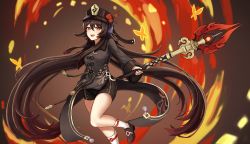 Rule 34 | 1girl, absurdres, black hat, black shirt, black shorts, brown footwear, brown hair, fire, flower-shaped pupils, genshin impact, hat, highres, holding, holding polearm, holding spear, holding weapon, hu tao (genshin impact), huge filesize, kneehighs, leg up, long hair, long sleeves, looking at viewer, matmaj, nail polish, open mouth, polearm, red eyes, shirt, shoes, shorts, smile, socks, solo, spear, symbol-shaped pupils, twintails, very long hair, weapon, white socks