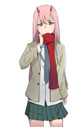 Rule 34 | 10s, 1girl, blazer, cowboy shot, darling in the franxx, dress shirt, green eyes, grey blazer, grey necktie, hair between eyes, horns, jacket, long hair, looking at viewer, miniskirt, necktie, open clothes, open jacket, pink hair, pleated skirt, red scarf, scarf, school uniform, shirt, simple background, skirt, solo, standing, very long hair, white background, white shirt, zero two (darling in the franxx)