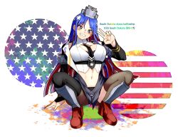 Rule 34 | 1girl, american flag, between breasts, black jacket, black necktie, black pantyhose, black thighhighs, blue hair, breasts, character name, crop top, full body, grin, headgear, jacket, kantai collection, large breasts, long hair, long sleeves, looking at viewer, multicolored hair, navel, necktie, necktie between breasts, oso (toolate), pantyhose, red footwear, red hair, shirt, simple background, single leg pantyhose, single thighhigh, sitting, smile, solo, south dakota (kancolle), star (symbol), thighhighs, v, white hair, white shirt