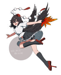 Rule 34 | 1girl, arms at sides, bird wings, black hair, black ribbon, black skirt, black socks, black wings, boyshort panties, circle, collared shirt, commentary, dated, feathered wings, frilled skirt, frills, geta, hair between eyes, hand fan, hat, hauchiwa, highres, holding, holding fan, kneehighs, looking to the side, midriff peek, neck ribbon, pleated skirt, pom pom (clothes), puffy short sleeves, puffy sleeves, red eyes, red footwear, red hat, ribbon, shameimaru aya, shirt, shishi osamu, short hair, short shorts, short sleeves, shorts, skirt, socks, solo, tassel, tengu, tengu-geta, tokin hat, touhou, twitter username, underwear, upskirt, white shirt, wings