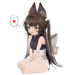 Rule 34 | 1girl, absurdres, amagi-chan (azur lane), animal ear fluff, animal ears, azur lane, bare arms, bare shoulders, blue kimono, blush, breasts, brown hair, chinese commentary, commentary request, fang, fox ears, heart, high-waist skirt, highres, japanese clothes, kimono, long hair, open mouth, purple eyes, red pupils, sitting, skin fang, skirt, sleeveless, sleeveless kimono, small breasts, smile, solo, speech bubble, spoken heart, thick eyebrows, thighs, two side up, very long hair, white skirt, woc (2072878058)