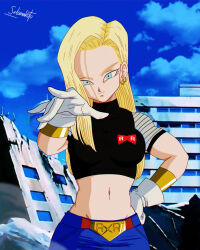 Rule 34 | 1girl, alternate universe, android 18, artist name, belt, blonde hair, blue hair, bracelet, breasts, dragon ball, dragon ball gt, dragonball z, earrings, hand on own hip, highres, jewelry, long hair, looking at viewer, medium breasts, navel, red ribbon army, ruins, salvamakoto, signature, skirt, smile, solo, super android 18, tank top, upper body
